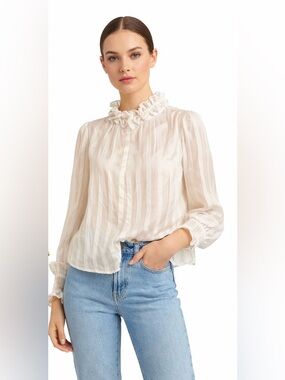 Vintage Courtenay Size‎ 10 Cream Sheer Ruffle Neck Blouse